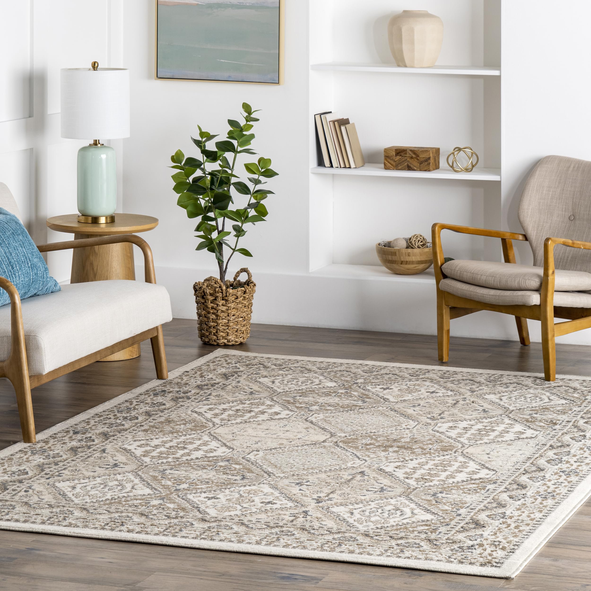 5x8 Becca Traditional Tiled Area Rug, Beige, Faded Transitional Design, Stain Resistant,