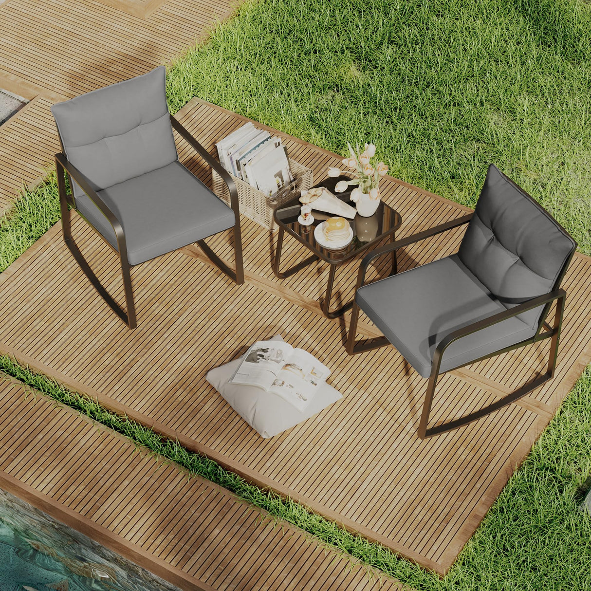 3 Piece Outdoor Rocking Bistro Set, Black Steel Furniture