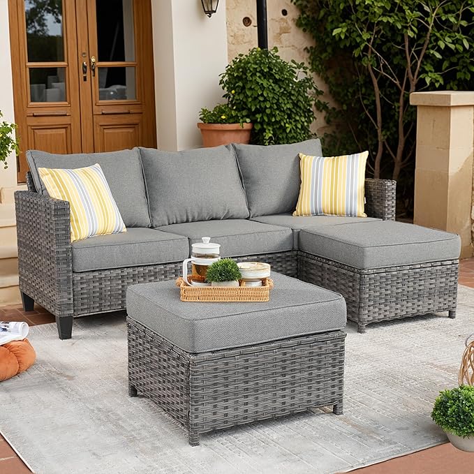 Patio Sofa 3 Pieces Patio Furniture Set Outdoor Wicker Sofa Couch with Ottomans
