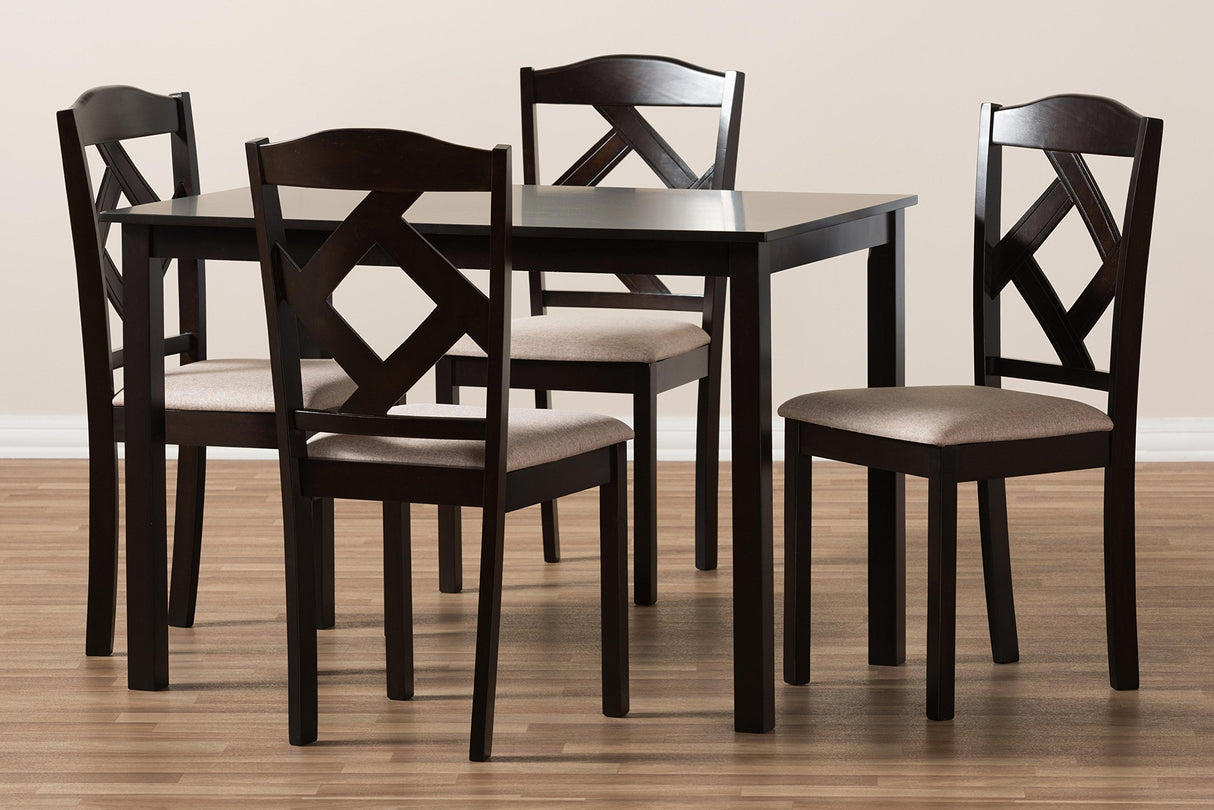 Ruth Dining Set and Dining Set Beige Fabric Upholstered and Dark Brown Finished 5-Piece