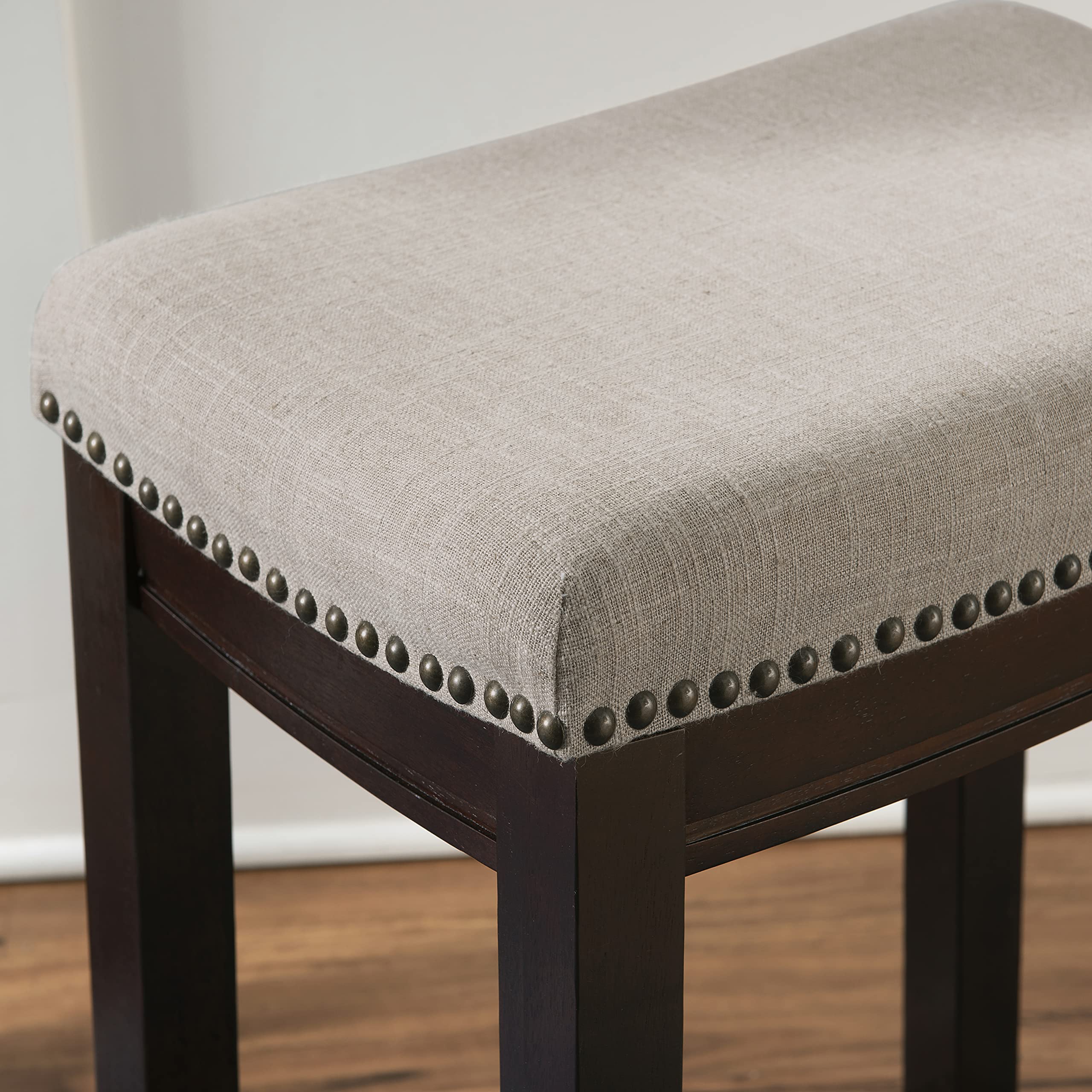 Linen Backless Claridge Stool, Counter Height, Beige & Dark Walnut