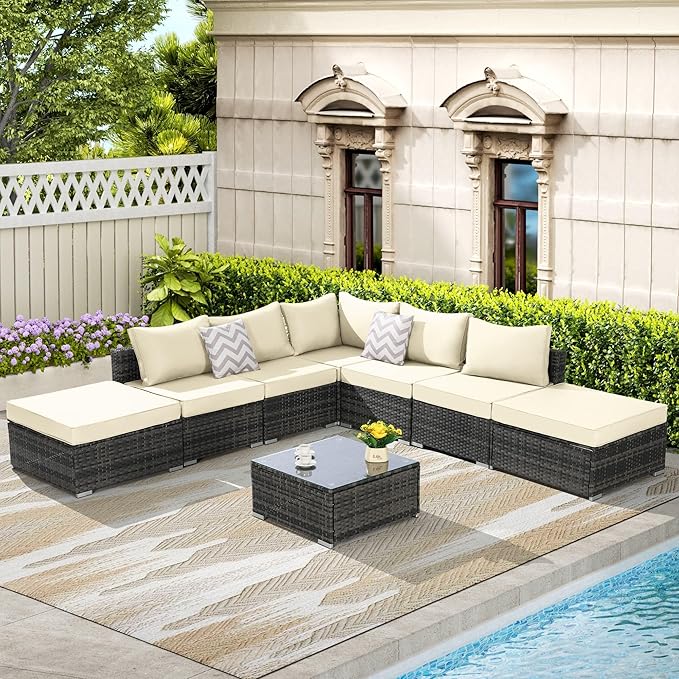 8-Piece Outdoor Patio Sectional Sofa Set with Glass Coffee Table - Light Gray Rattan