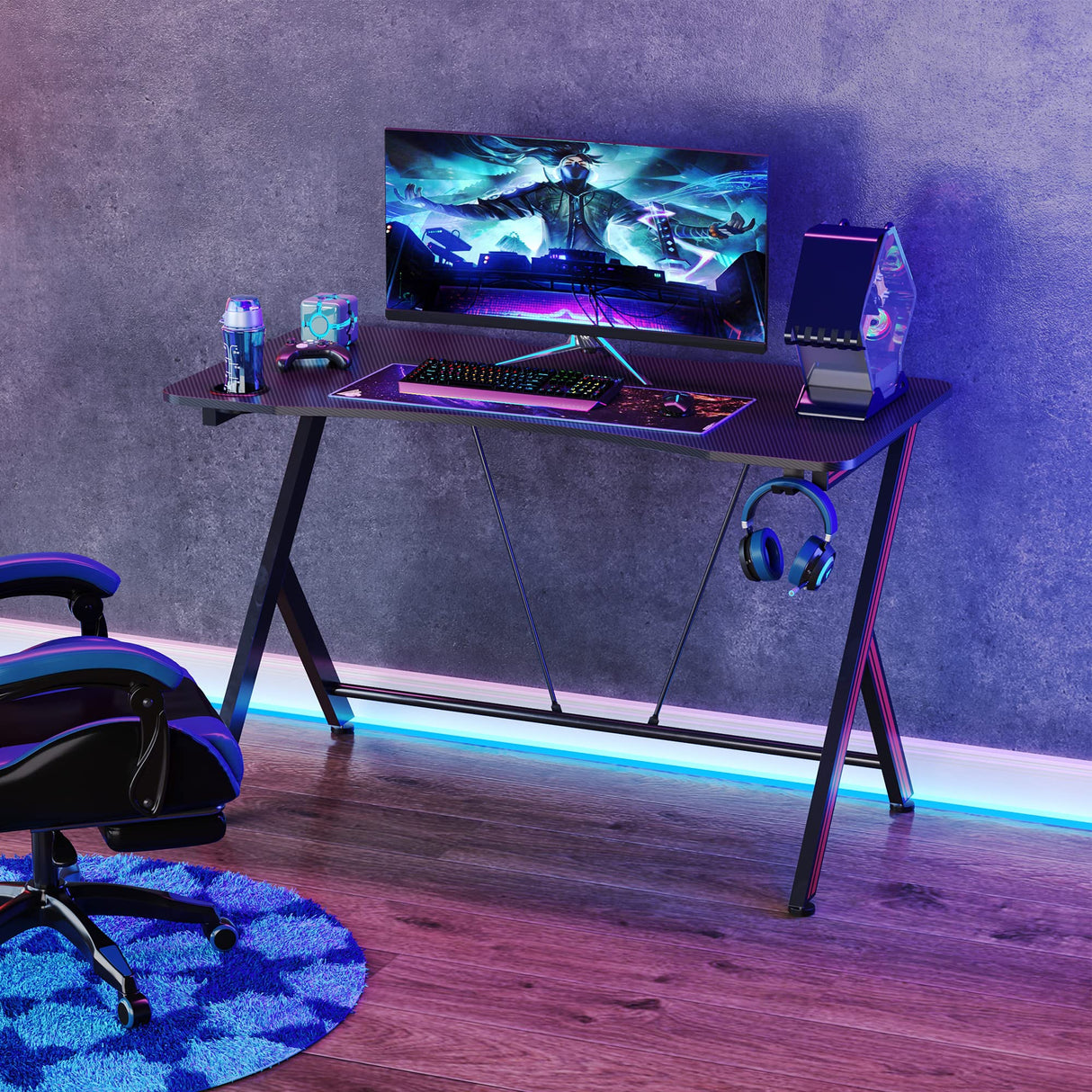 41 inch Gaming Computer Desk, Home Office Gamer Table Workstation with Cup Holder, Headphone Hook, Cable Management, Carbon Fiber Surface