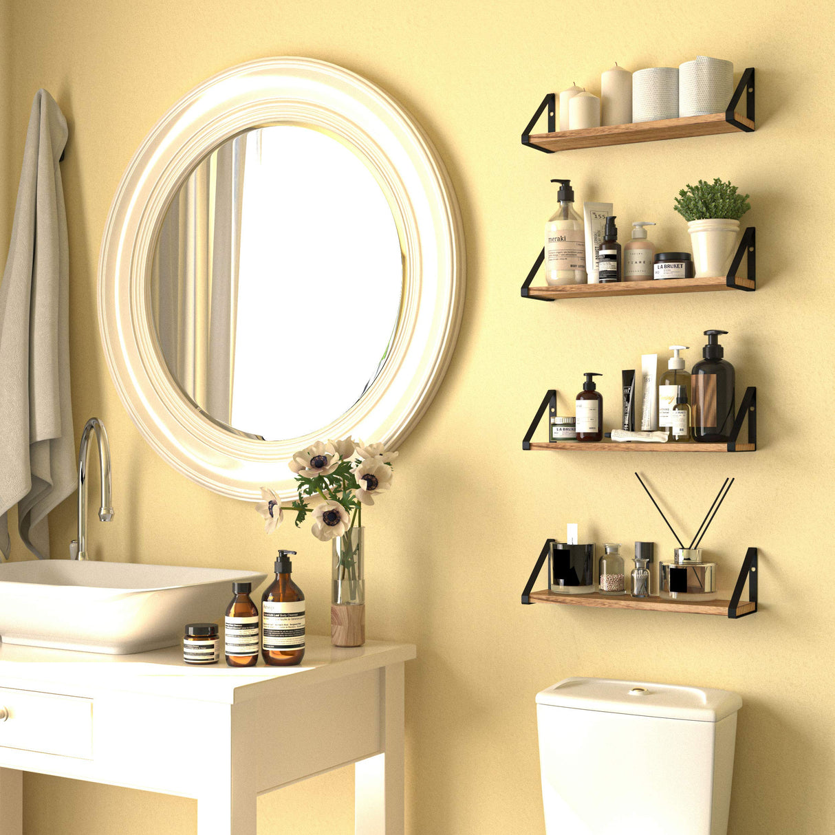 Ponza Floating Shelves Wall Mounted Set of 4, Wall Shelves for Bedroom, Bathroom