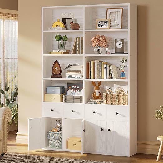 78.7" Bookcase with 4 Drawers and 4 Doors, 6 Tier Large Bookshelf with Storage
