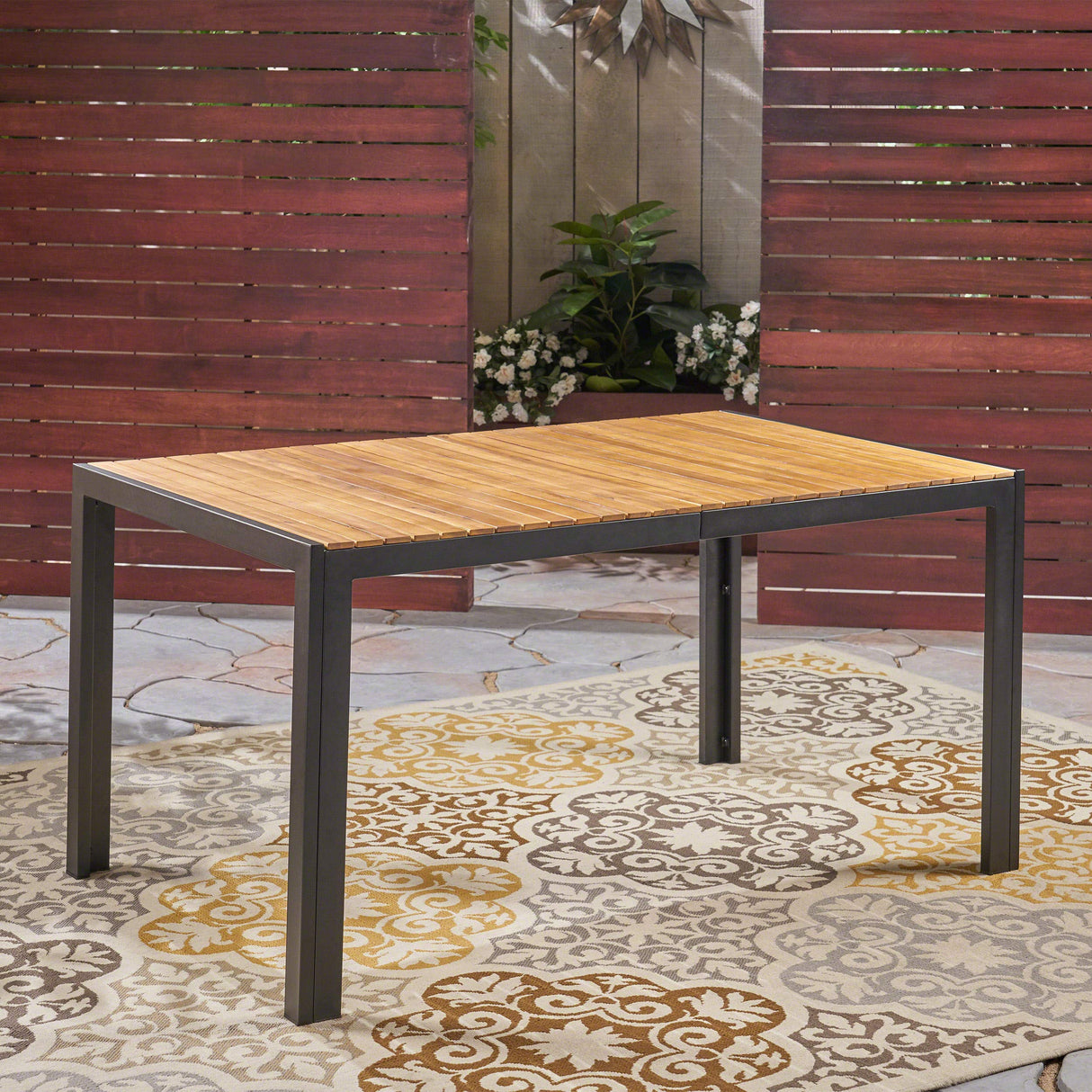 Modern Outdoor Dining Table - Teak Finish with Black Accents