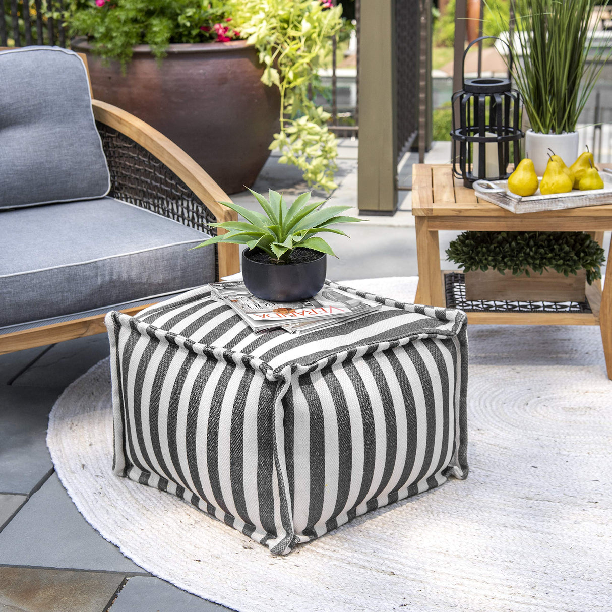 Porto Striped Indoor/Outdoor Ottoman Pouf Grey 14" x 20" x 20"