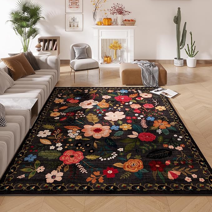 Christmas Rug 8x10 Area Rugs for Living Room Washable Rug Floral Non-Slip Large Rug