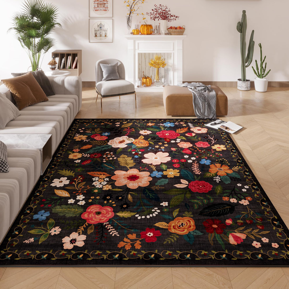 Boho Area Rug – Washable Floral Living Room Carpet, Non-Slip & Vintage Style