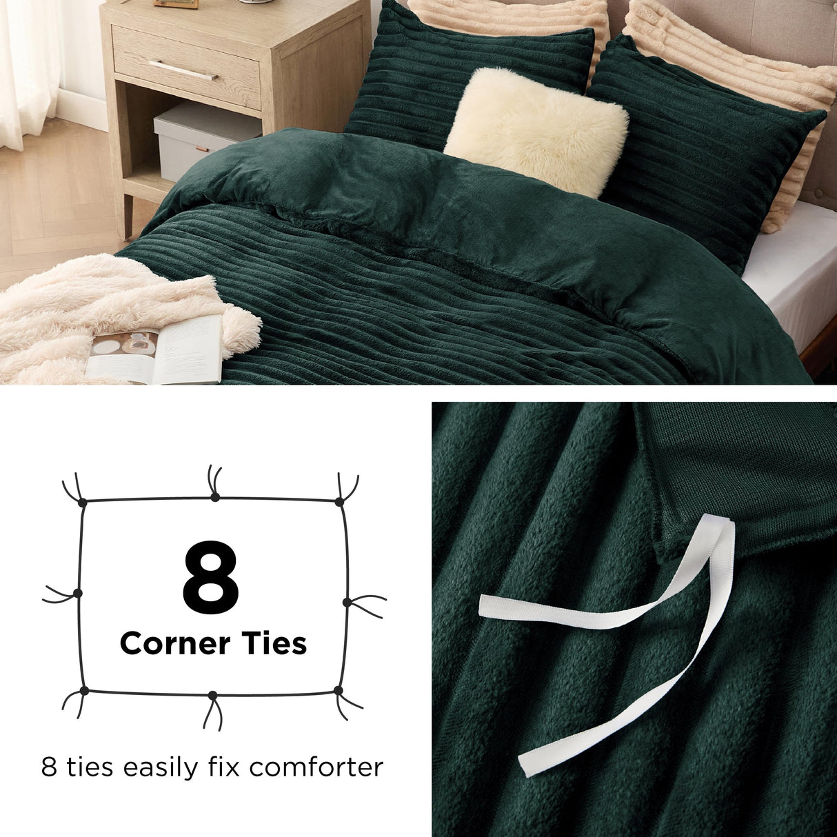Bedsure Fluffy Comforter Cover Set - Ultra Soft Plush Shaggy Duvet Cover Queen Size, Warm Flannel Fleece Bed Sets for Winter, 3 Pieces, 1 Duvet Cover+2 Pillowcases (Striped Pattern, Forest Green)