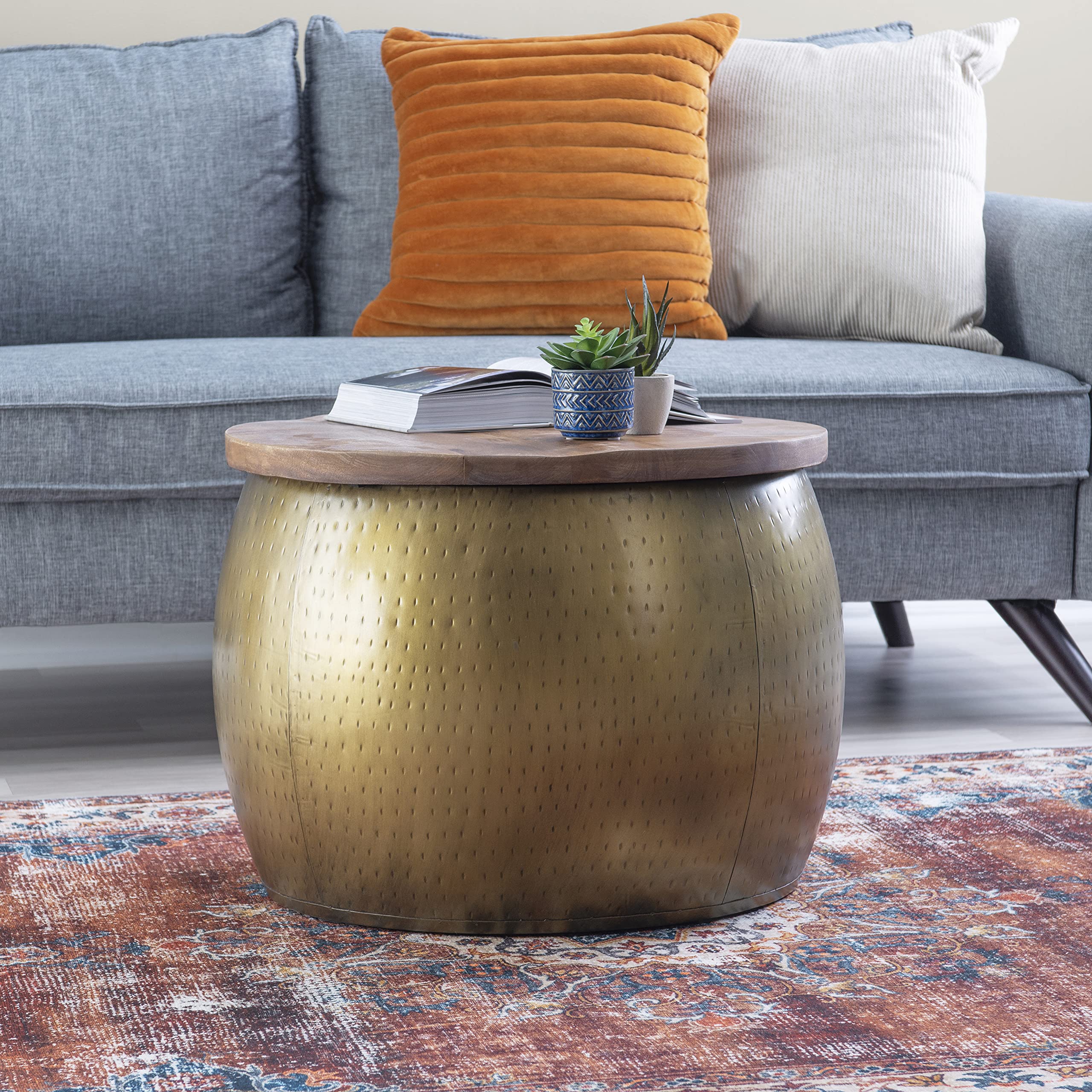 Janice Large Gold Drum Table with Storage