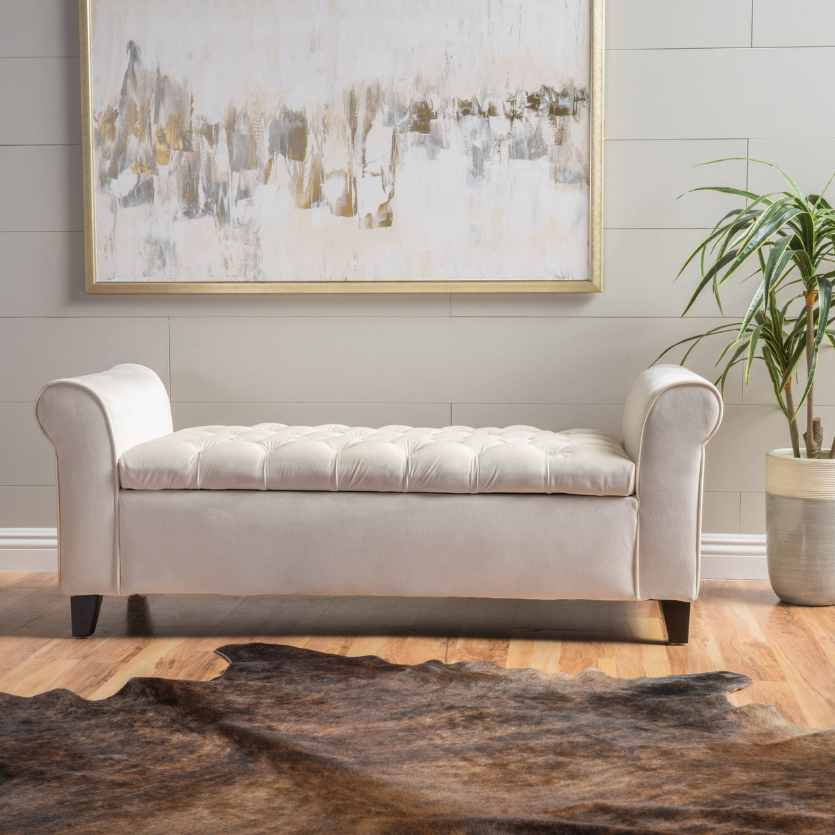Keiko Velvet Armed Storage Bench, Ivory