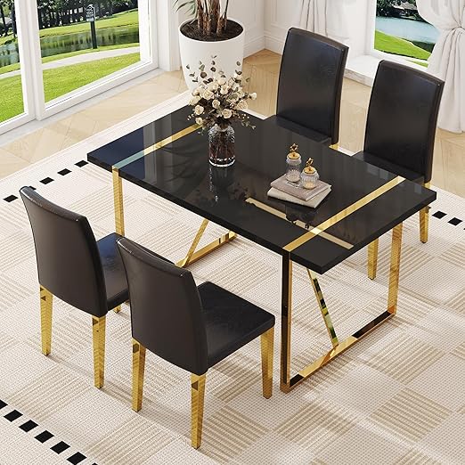 55" Black Dining Table Set for 6 with Golden Metal Legs
