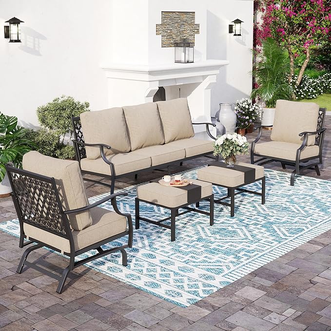 5 Piece Metal Outdoor Patio Furniture Set, Patio Conversation Sets 1 3-Seater Sofa