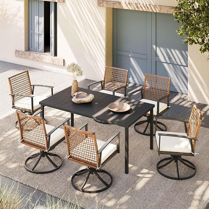 7 Pieces Patio Dining Set, Outdoor Furniture Set of 6 Swivel Chairs