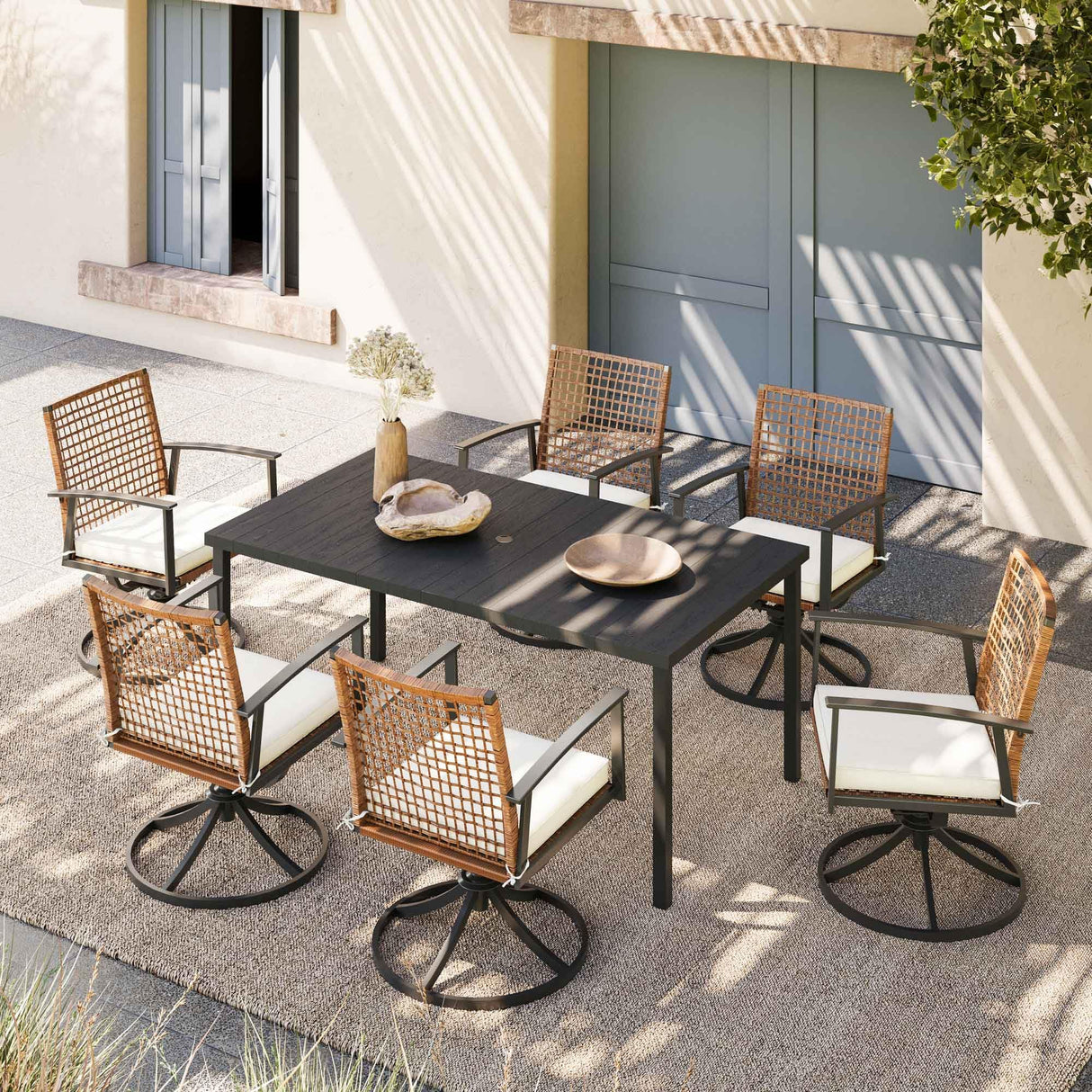 7 Pieces Patio Dining Set, Outdoor Furniture Set of 6 Swivel Chairs