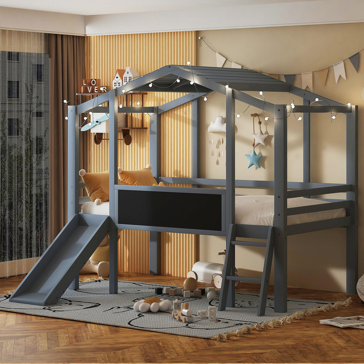 Kids House Loft Bed with Slide, Twin Size Low Loft Bed with LED Lights & Blackboard