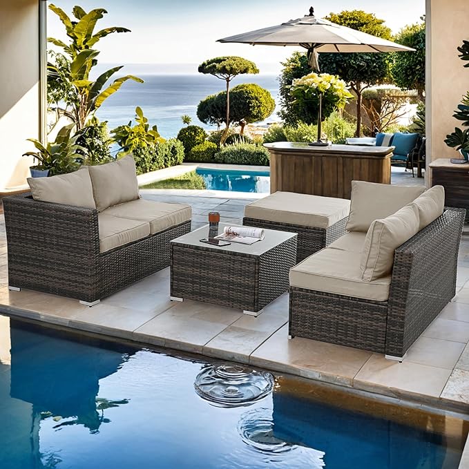 7 Piece Patio Furniture Set, All Weather Outdoor Rattan Wicker