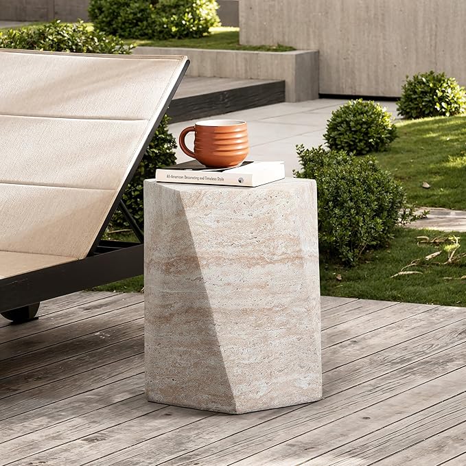 LuxenHome Outdoor Accent Side Table, 18'' Travertine-Style Outdoor Furniture