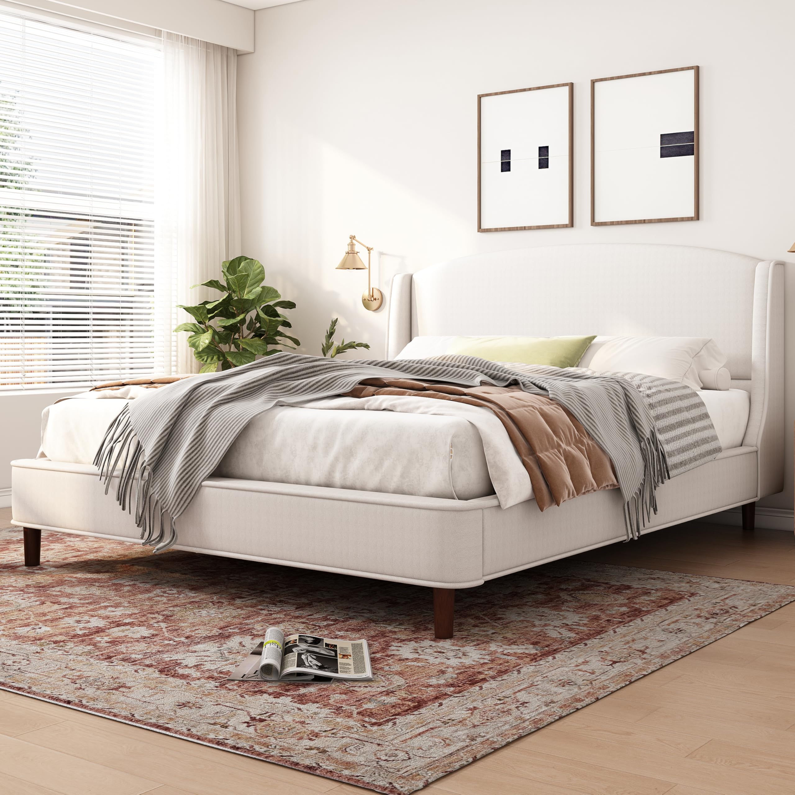 Merax King Size Upholstered Platform Bed Frame, with Wingback Headboard, Beige