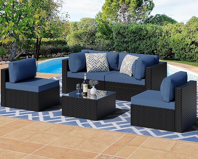 7 Pieces Outdoor Patio Sectional Sofa Couch, Black Wicker Furniture Conversation Sets