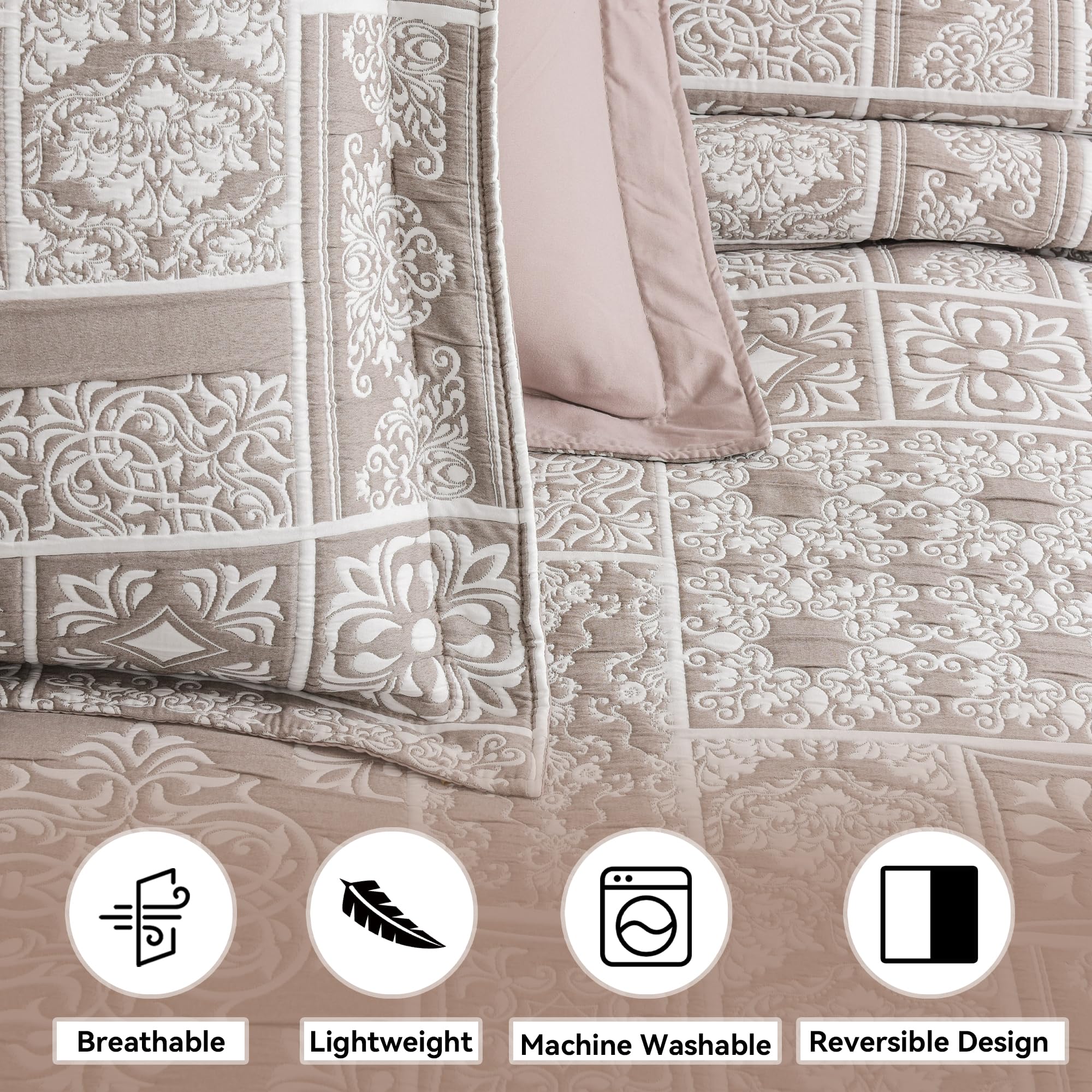 Asuexpect 3 Piece Patchwork Quilt Sets King Size, Boho Reversible Jacquard Quilts Bedding Set for All Season, Soft Lightweight Comforter Bedspread Coverlet Set (106''x96'') with 2 Shams, Brown