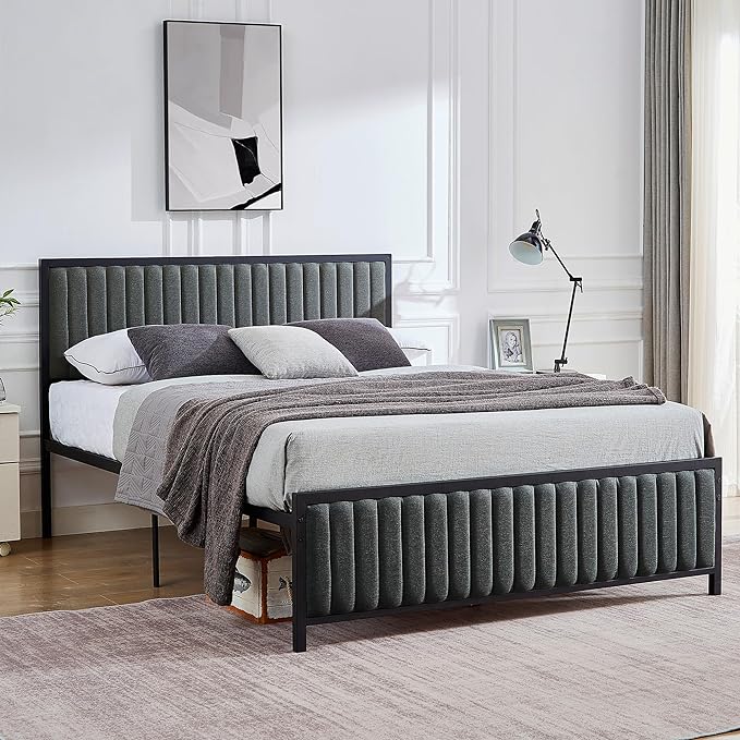 Full Size Bed Frame with Upholstered Tufted Headboard & Footboard,
