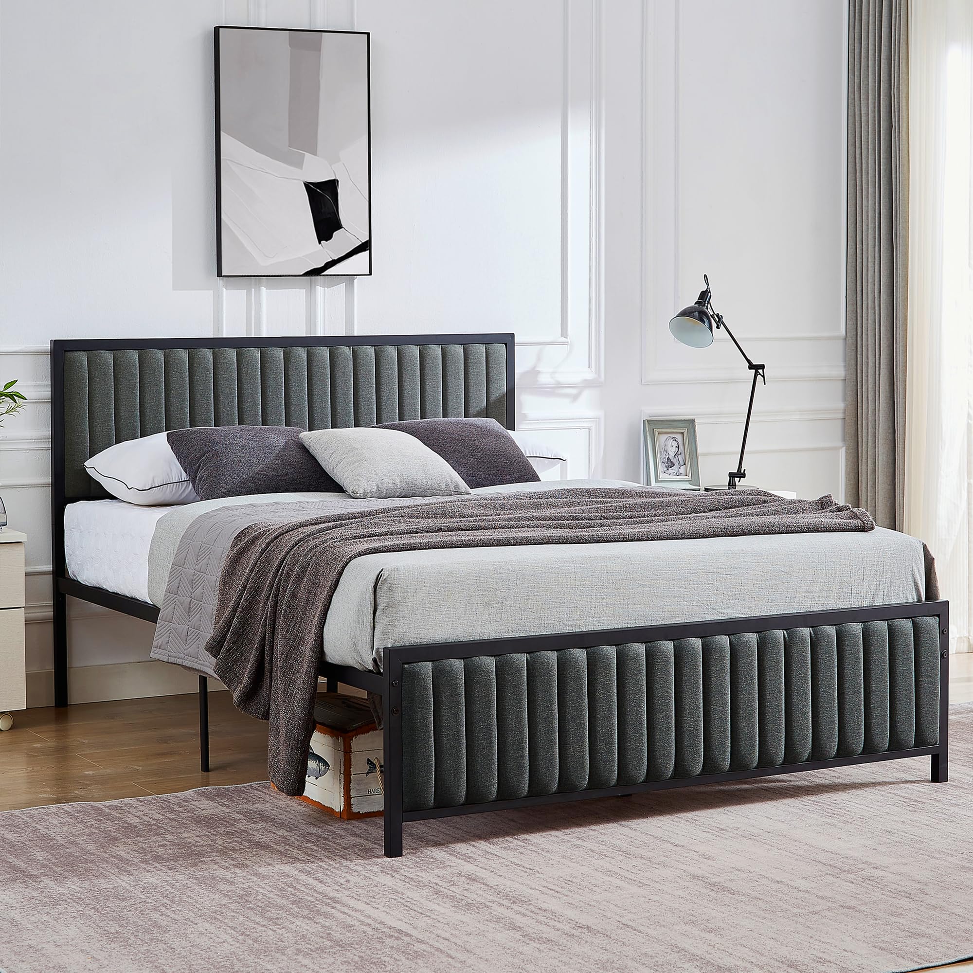 Full Size Bed Frame with Upholstered Tufted Headboard & Footboard,