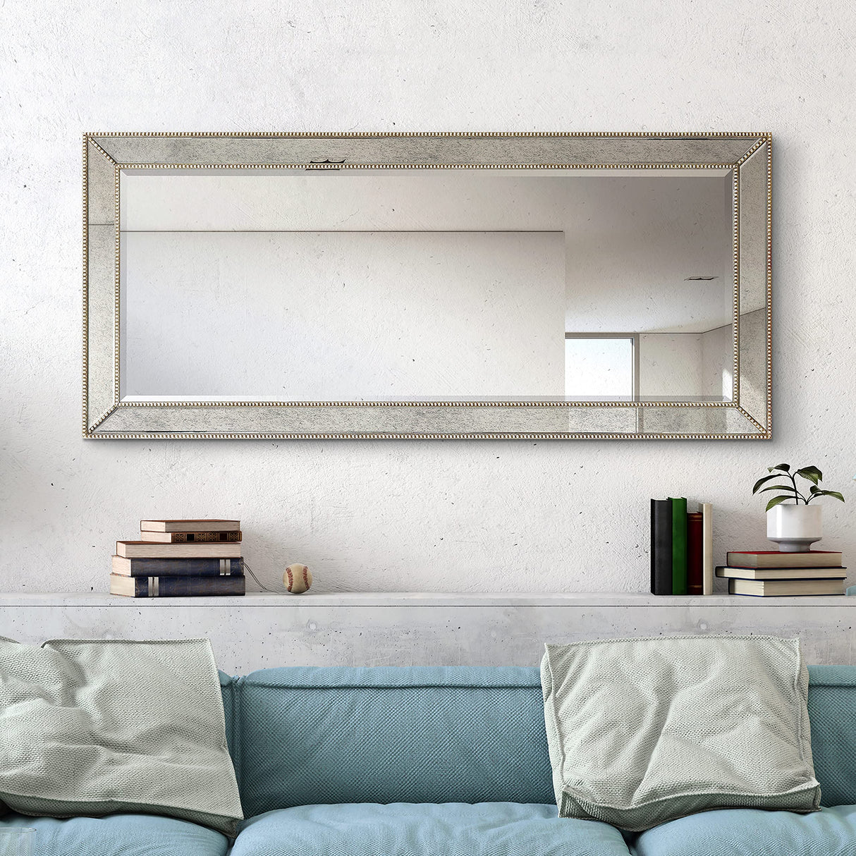 Solid Wood Frame Wall, Beveled Center Antique Mirror for Bathroom