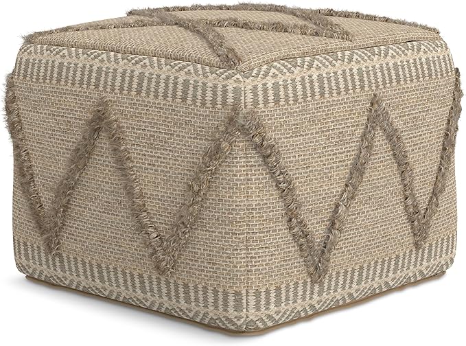 Sweeney Boho Square Pouf in Grey, Natural Handloom Woven Pattern for the Living Room
