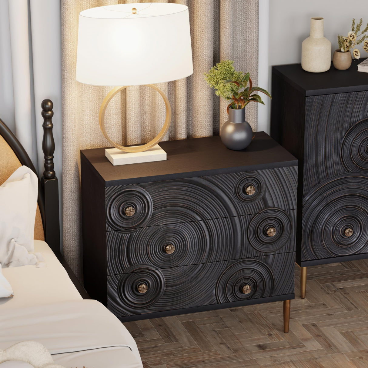 Embossed 3 Drawer Farmhouse Dresser with Ring Motif