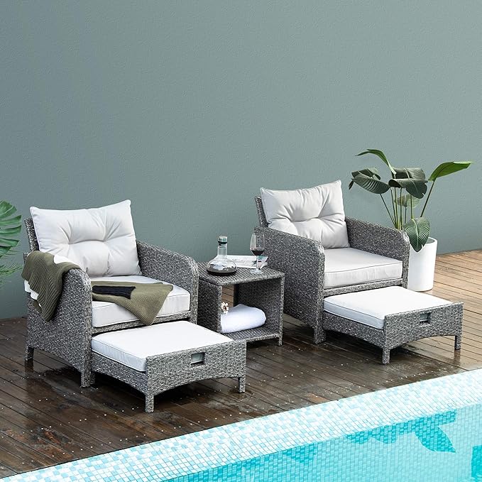 5 Piece Outdoor Patio Bistro Set with Ottoman, Patio Conversation Sets with Tempered Glass Top Side Table