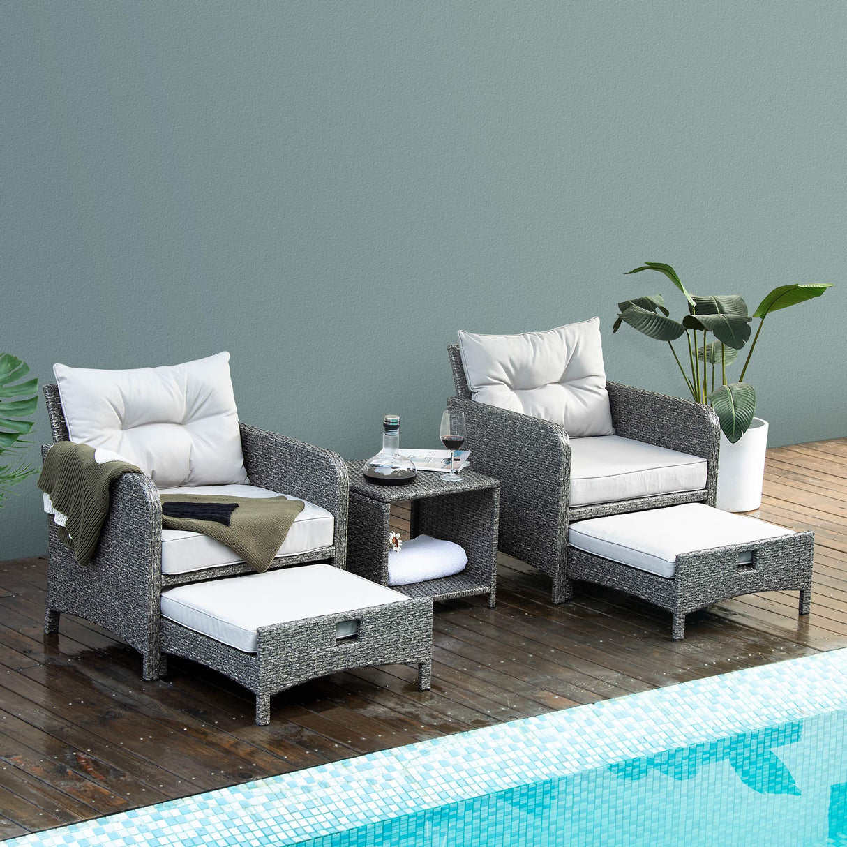 5 Pieces Outdoor Patio Wicker Chairs Set with Ottoman