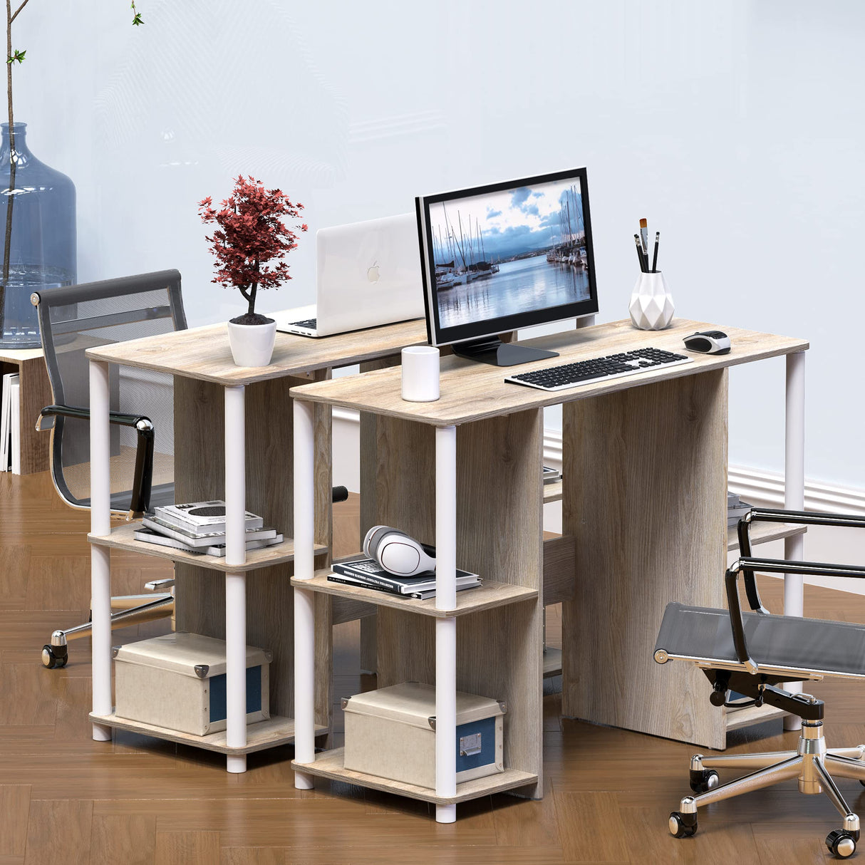 Home Office Wood Desk with Double Sided Shelves, Oak