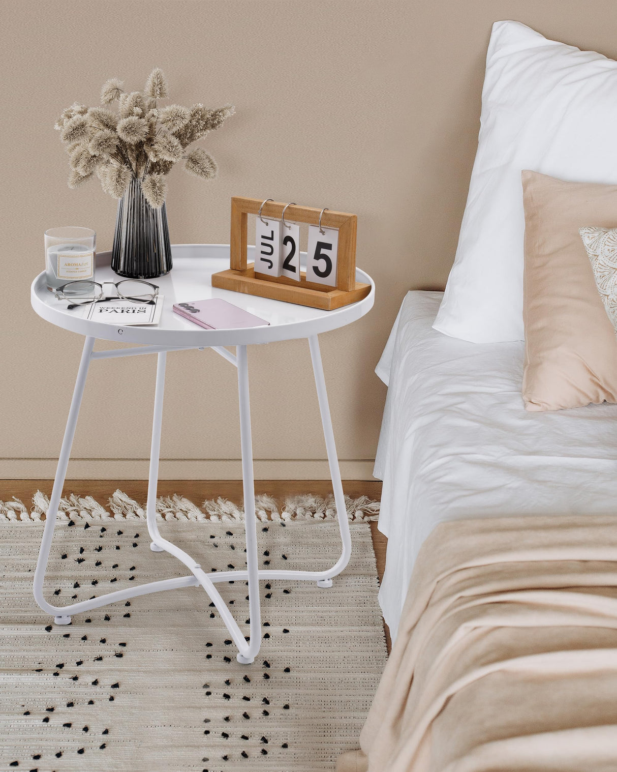 Small Side Round Table for Living Room Bedroom, Weather Resistant Metal Patio Table