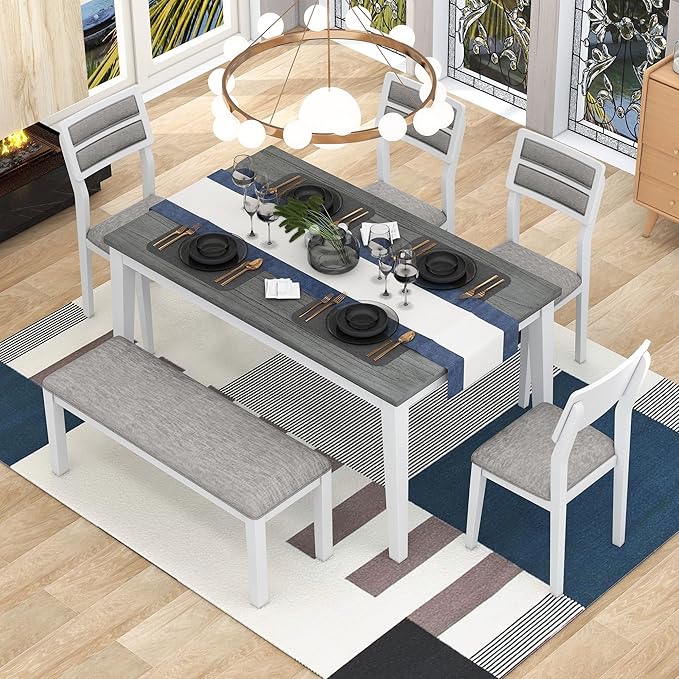 6, Rectangular Dining Table with Upholstered Chairs and Bench, 6-Piece Table Set for Dining Room and Kitchen, Retro Dining