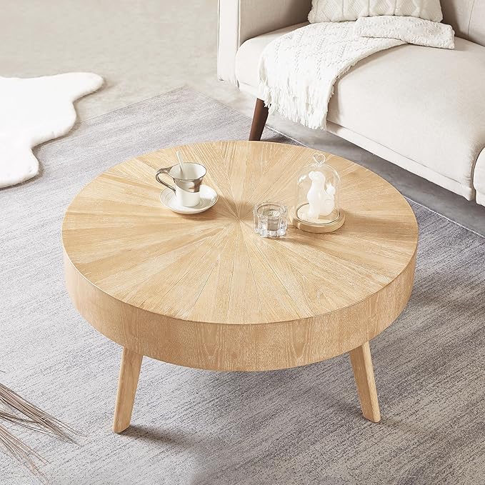 Round Wood Coffee Tables for Living Room, Farmhouse Circle Coffee Table