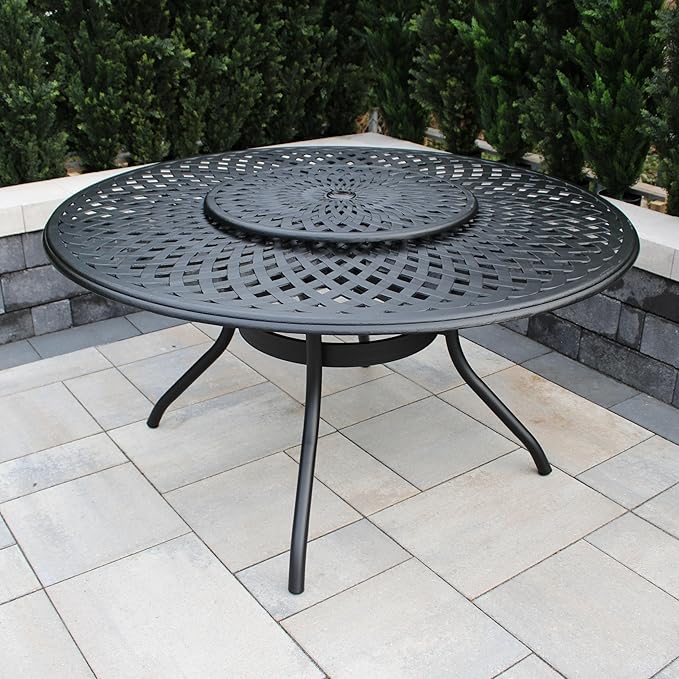 59-Inch Bronze Lazy Susan Round Patio Dining Table - Mesh Lattice Aluminum Outdoor Furniture