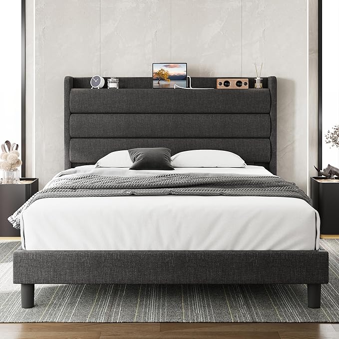 Queen Size Bed Frame, Storage Headboard with Outlets, Sturdy and Stable