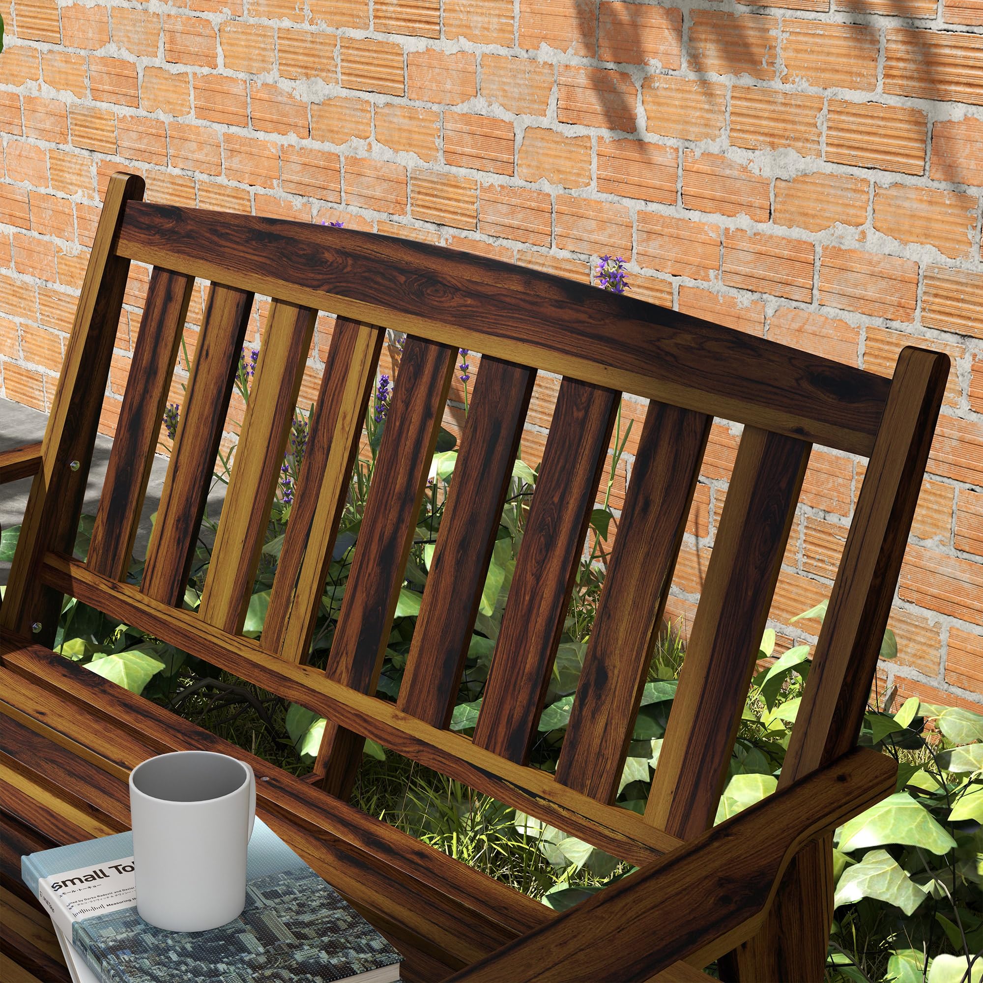 Wood Outdoor Bench, 2-Person Garden Bench with Cupholder Armrests