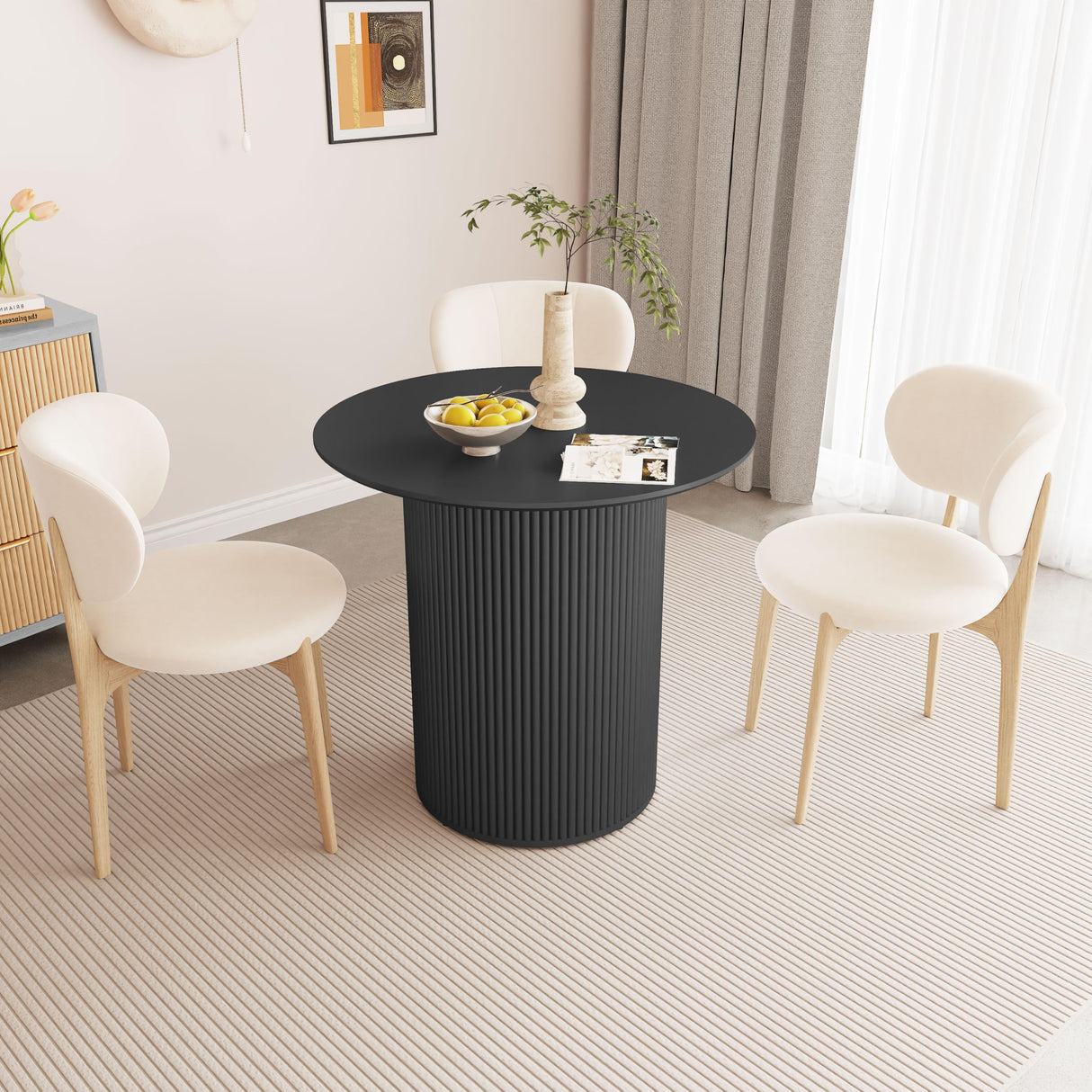 31.5" Round Dining Table for 2-4 People, Small Kitchen Dinner Table with Fluted Wood Base