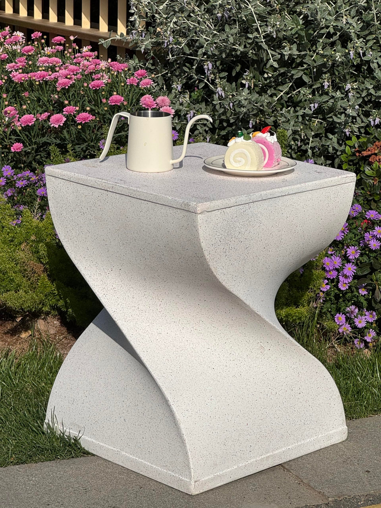 Outdoor Side Table, Concrete End Table, Round Accent Table for Indoor Modern Art Deco, Cement Side Tables for Outside Plant Stand, Artistic Style Tables Garden Stool for Patio (White - Square) - Bircata