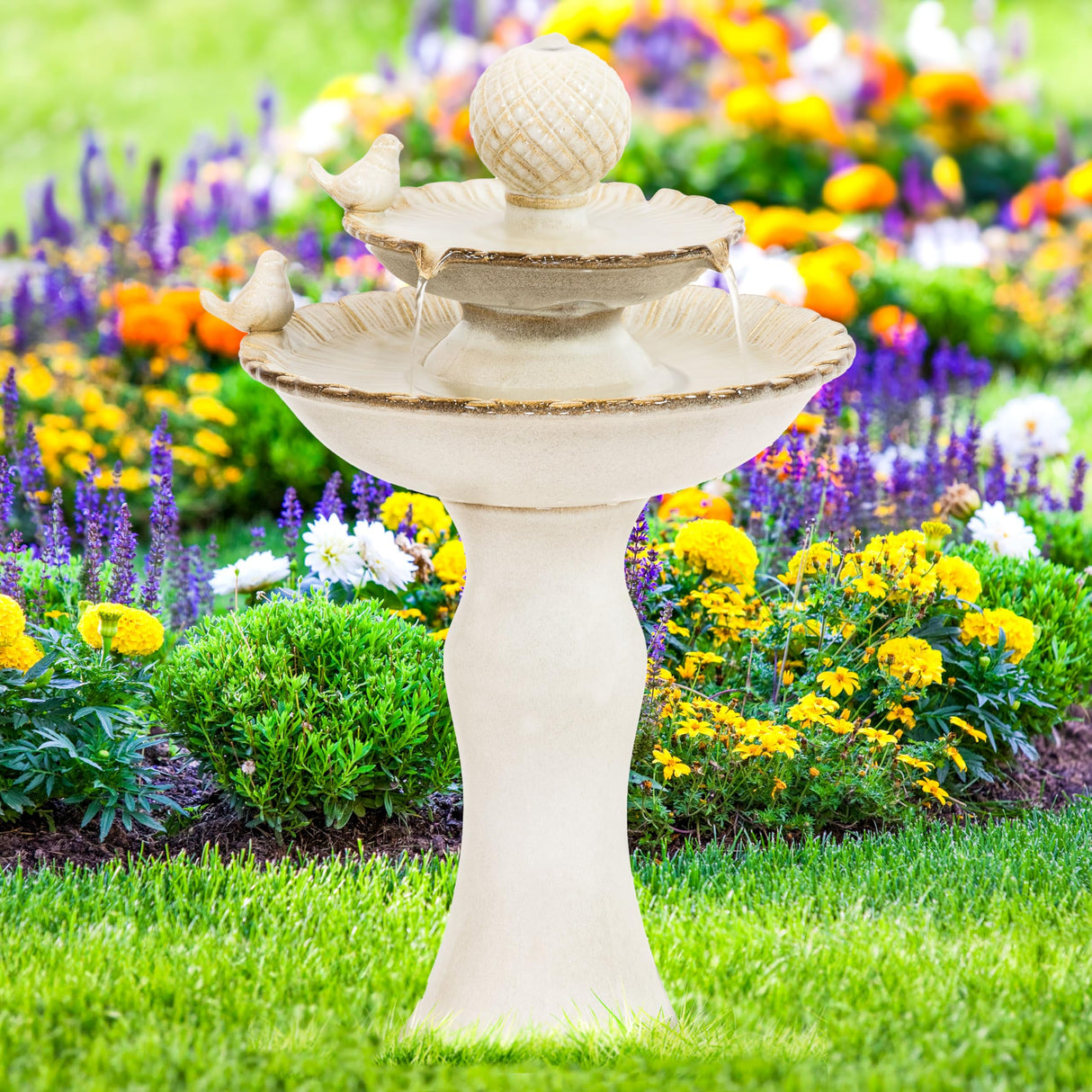 27" H 2-Tier Ceramic Water Fountain - Outdoor Water Feature for Patio, Yard, Balcony - Garden