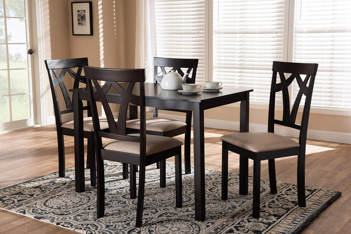 Sylvia Dining Set and Dining Set Espresso Brown Finished and Sand Fabric Upholstered