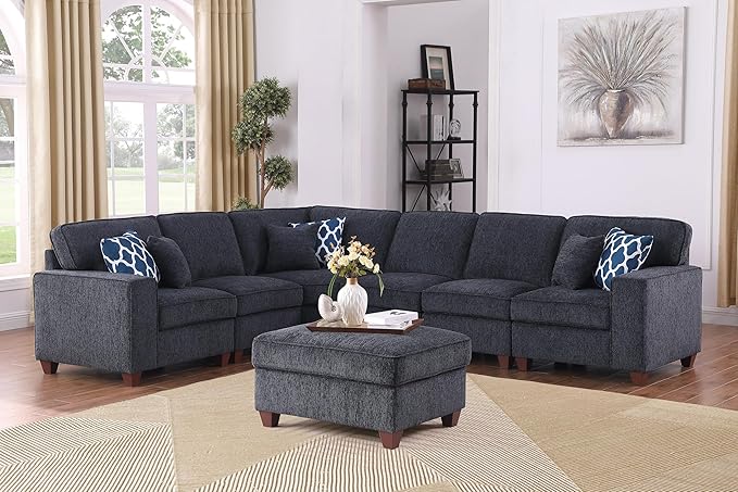 127" L-Shaped Sectional Couch with Movable Ottoman & 6 Throw Pillows