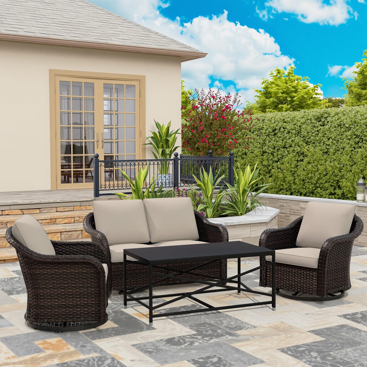 4 Pieces Outdoor Patio Conversation Furniture Set - 55" PE Rattan Sofa | Coffee Table