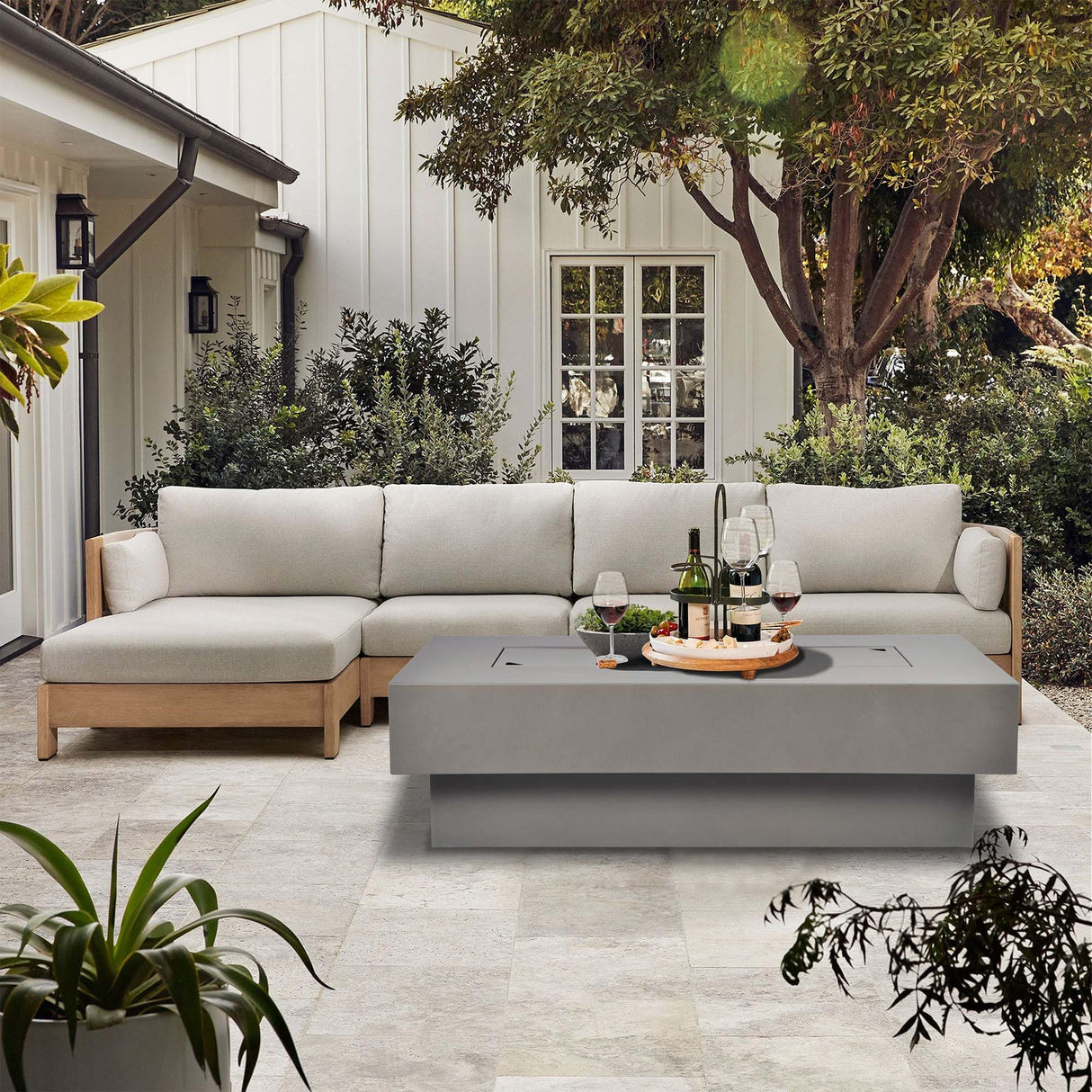 BAIDE HOME Outdoor Low Profile Fire Table, 48 - inch Rectangle Propane Gas Fire Pit Table, 50,000 BTU Modern Firepit w/Lid, Fire Glass, Cover, Pre - Attached 10ft Propane Hose, Flint Gray - Bircata