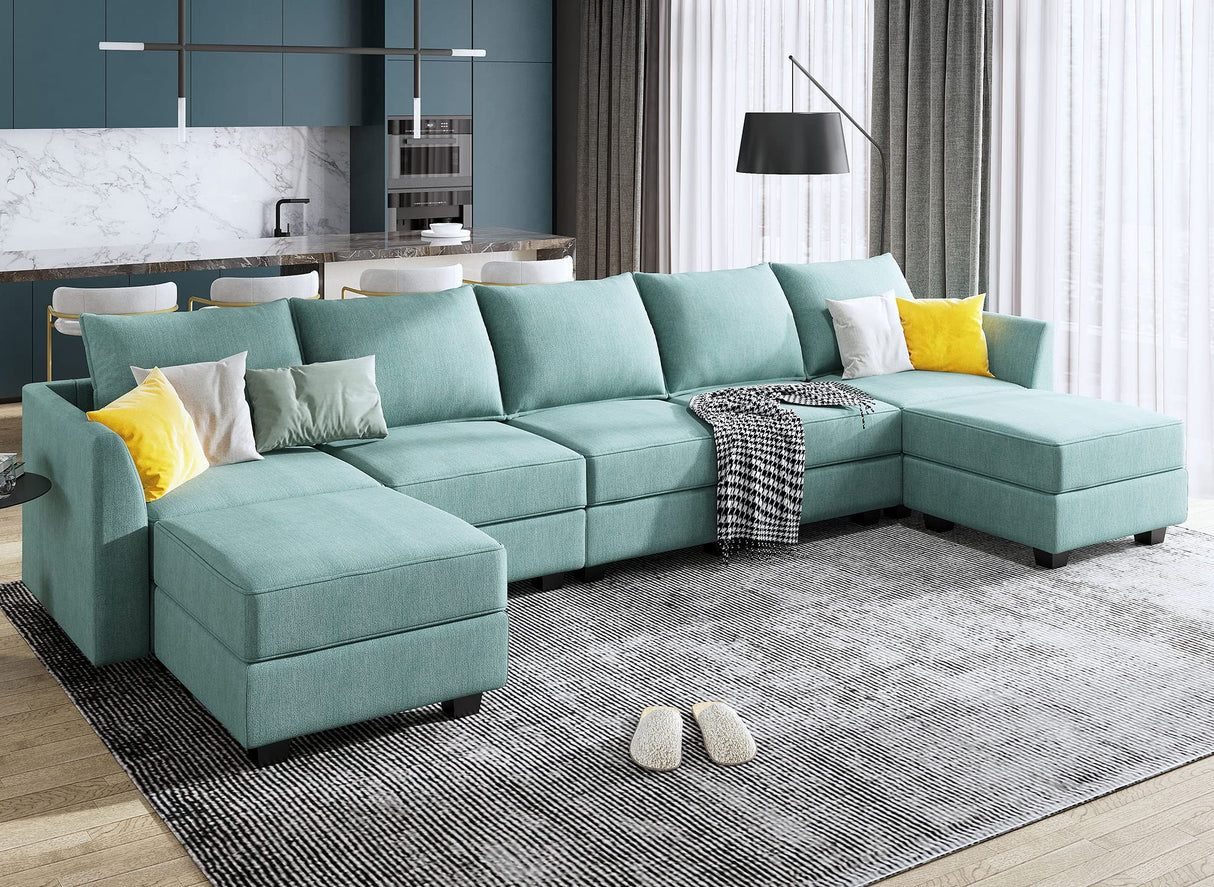 U Shape Corner Sectional Sofa Set, Aqua Blue
