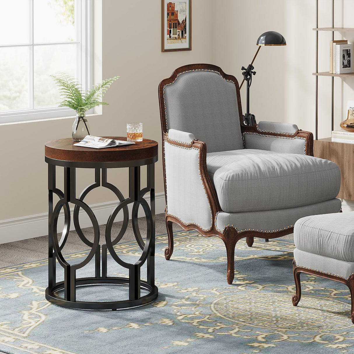 Round End Table, Industrial SideTable with Metal Hollow Frame