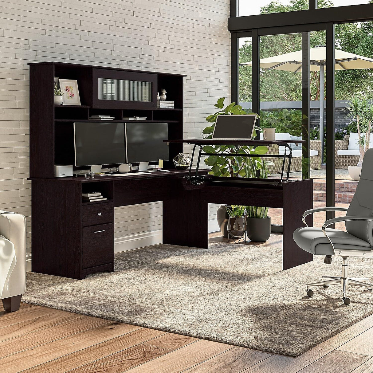 Cabot 72W 3 Position L Shaped Sit to Stand Desk with Hutch in Espresso Oak
